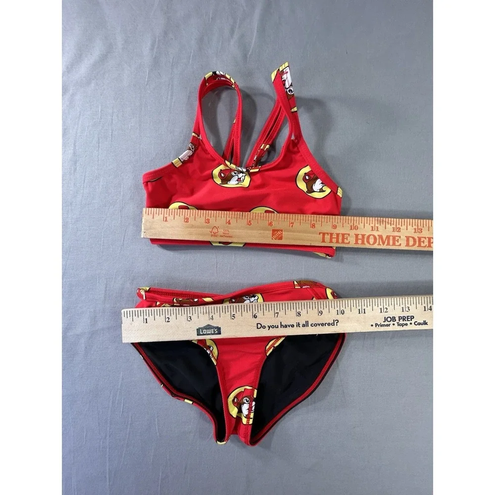 Buc-ee's Girls YXS Red Two-Piece Swimsuit All Over‎ Logo Beaver Print